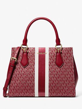 New Michael Kors Marilyn Medium Signature Logo Stripe Satchel Bag Cherry Multi